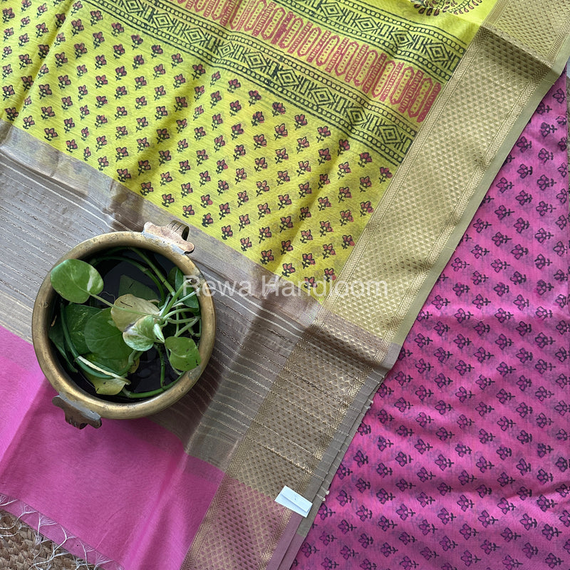Maheshwari Pink-Yellow Handblock Print Top-Dupatta HBS049