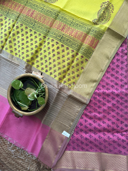 Maheshwari Pink-Yellow Handblock Print Top-Dupatta HBS049
