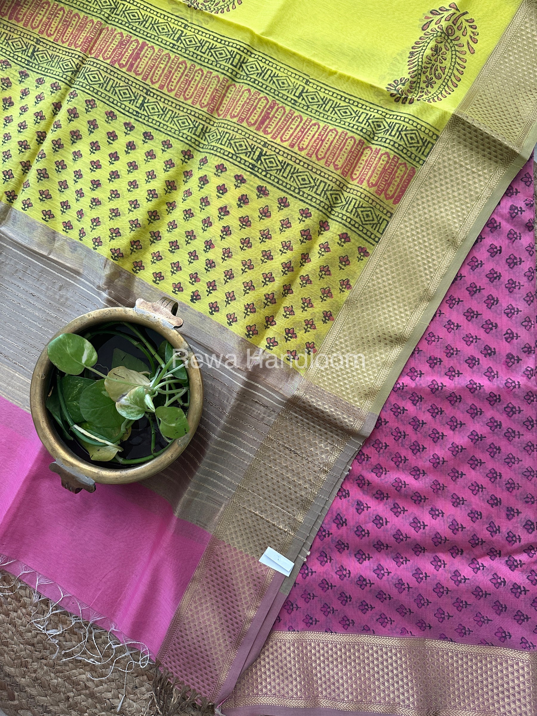 Maheshwari Pink-Yellow Handblock Print Top-Dupatta-HBS049