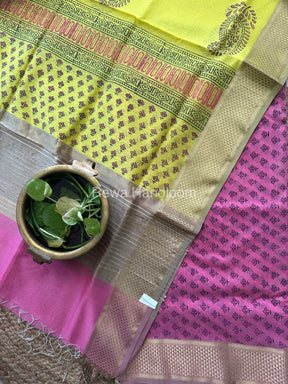 Maheshwari Pink-Yellow Handblock Print Top-Dupatta-HBS049