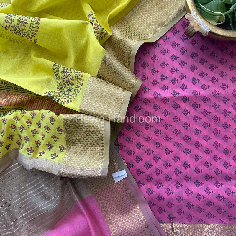 Maheshwari Pink-Yellow Handblock Print Top-Dupatta HBS049