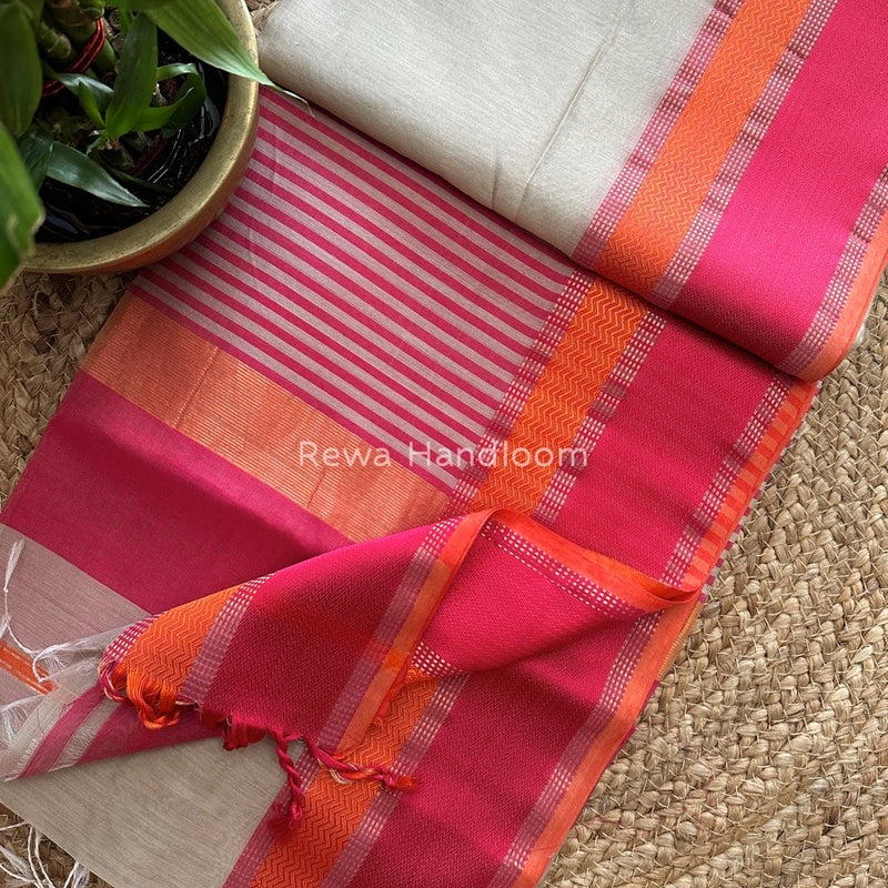 Maheshwari Beige Ganga Jamuna Rewa Border Saree GJD079