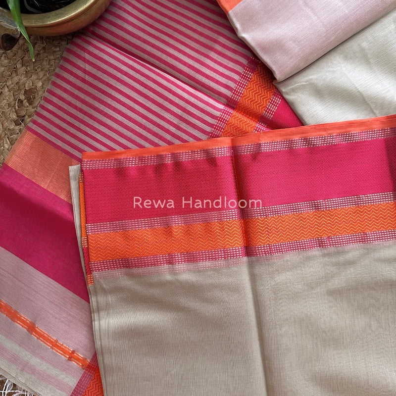 Maheshwari Beige Ganga Jamuna Rewa Border Saree GJD079