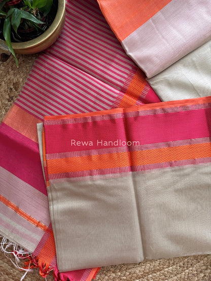 Maheshwari Beige Ganga Jamuna Rewa Border Saree GJD079