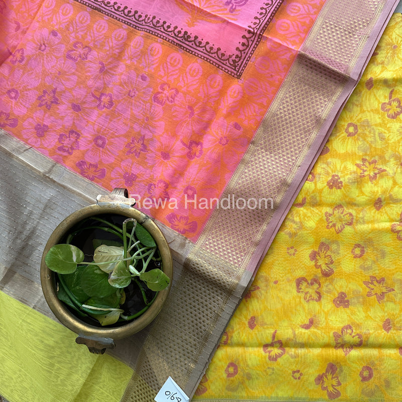 Maheshwari Yellow-Pink Handblock Print Top-Dupatta HBS053
