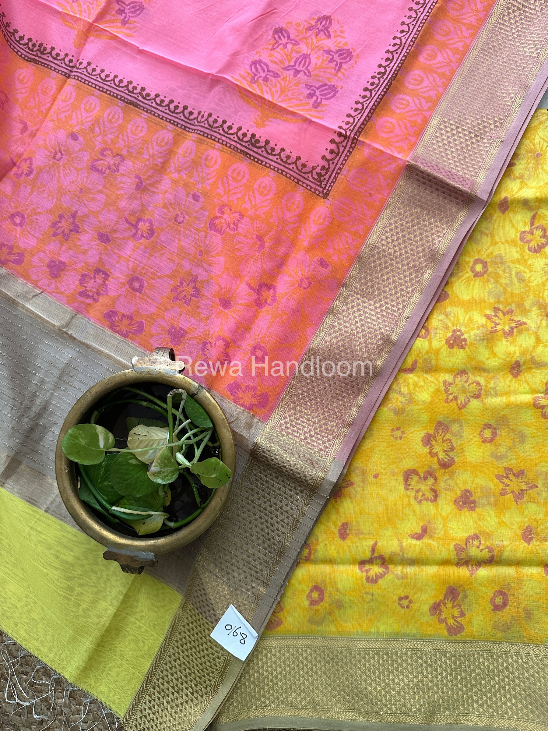 Maheshwari Yellow-Pink Handblock Print Top-Dupatta-HBS053