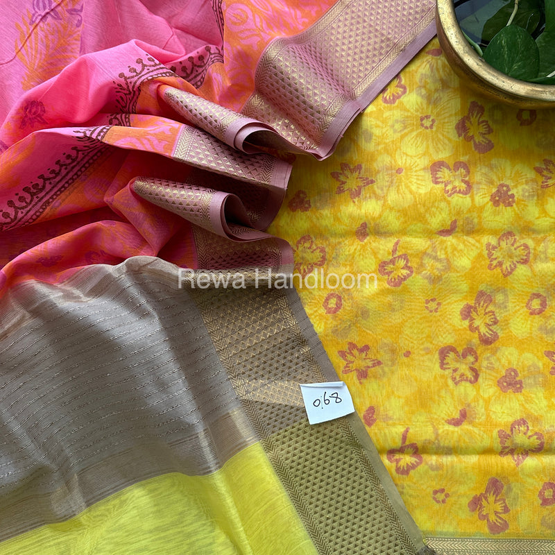 Maheshwari Yellow-Pink Handblock Print Top-Dupatta HBS053