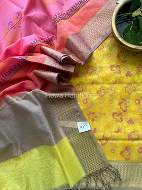 Maheshwari Yellow-Pink Handblock Print Top-Dupatta HBS053