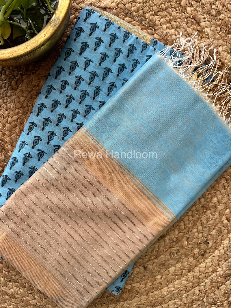 Maheshwari Sky Blue-Yellow Handblock Print Top-Dupatta HBS054