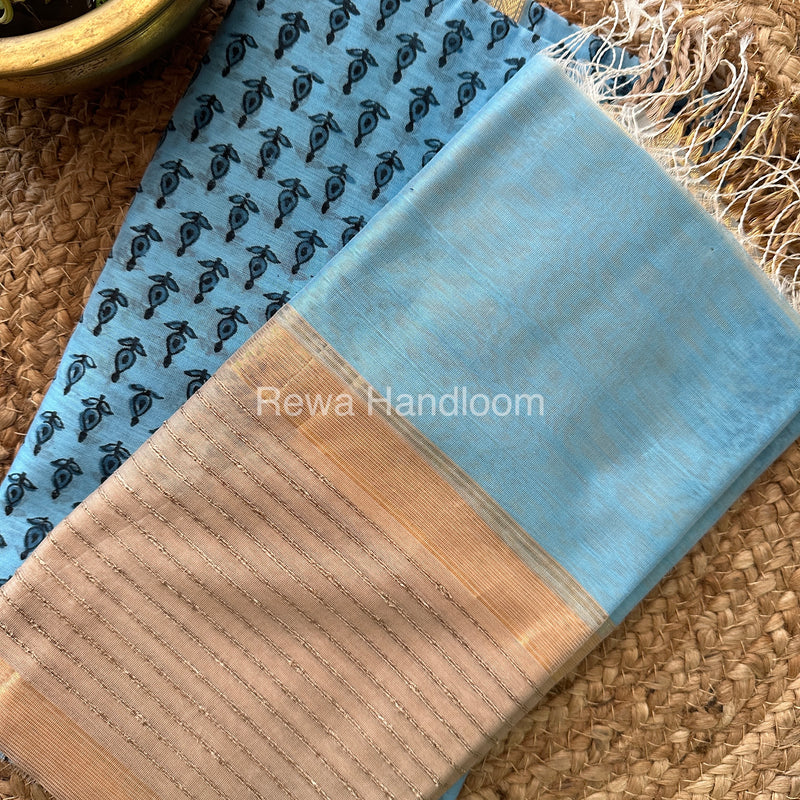 Maheshwari Sky Blue-Yellow Handblock Print Top-Dupatta HBS054