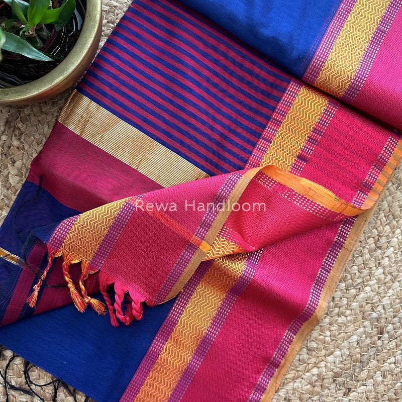 Maheshwari Blue Ganga Jamuna Rewa Border Saree GJD084