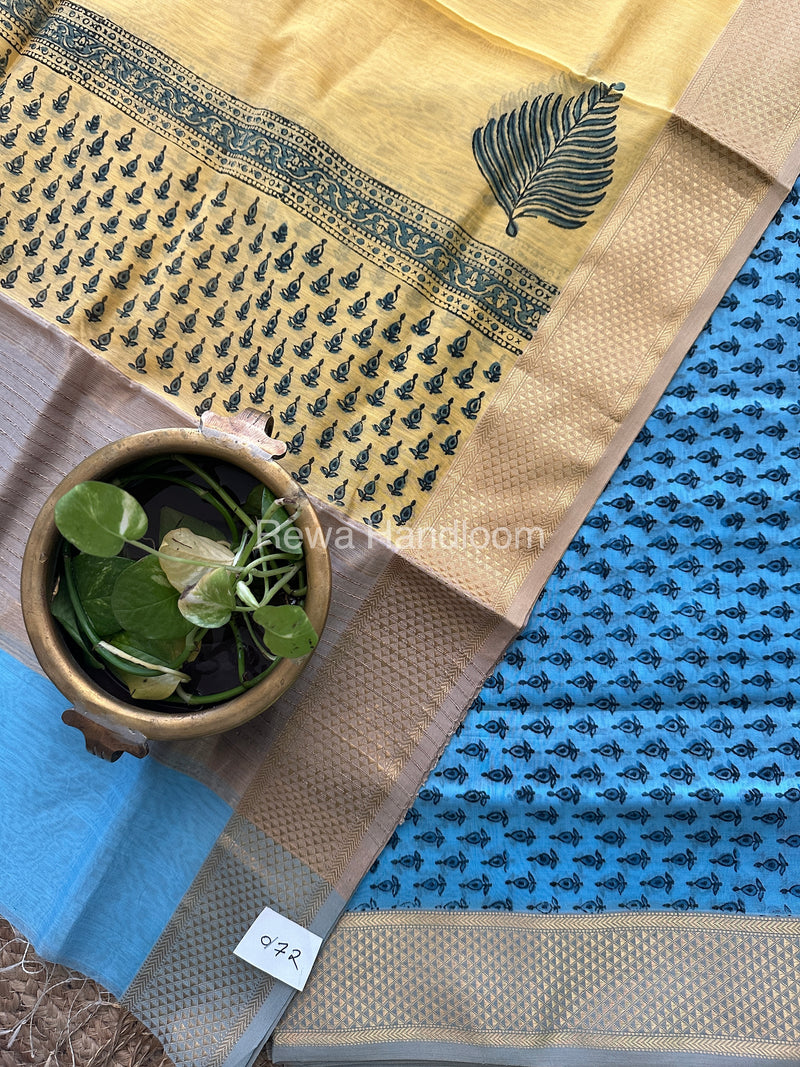 Maheshwari Sky Blue-Yellow Handblock Print Top-Dupatta HBS054