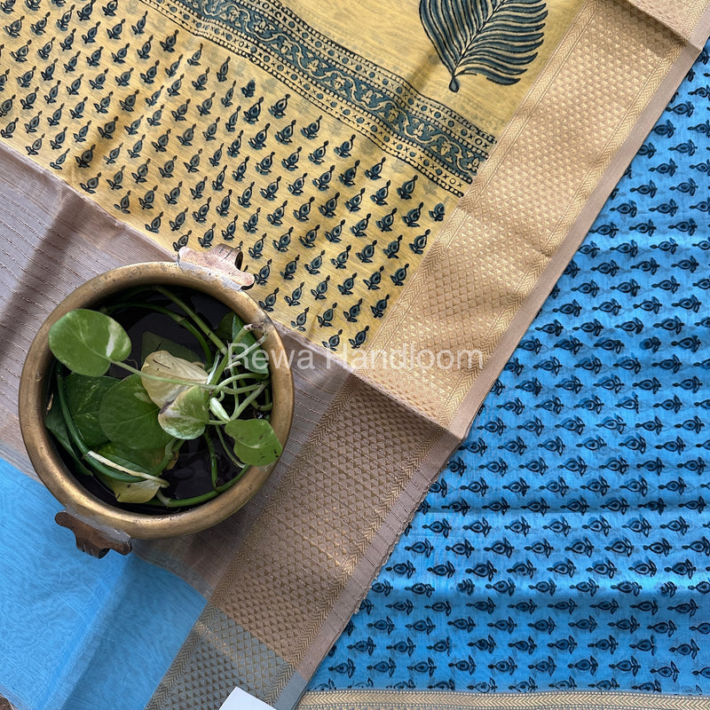 Maheshwari Sky Blue-Yellow Handblock Print Top-Dupatta HBS054