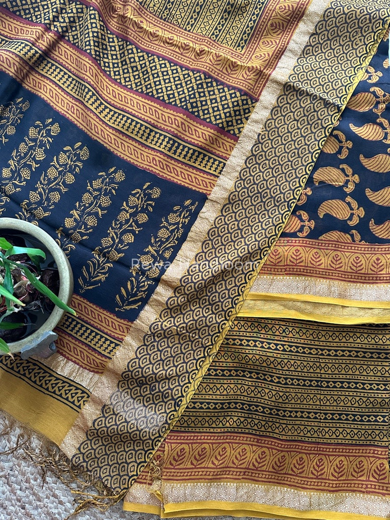 Maheshwari Black- Mustard Yellow Bagh Print Suit BSP0145