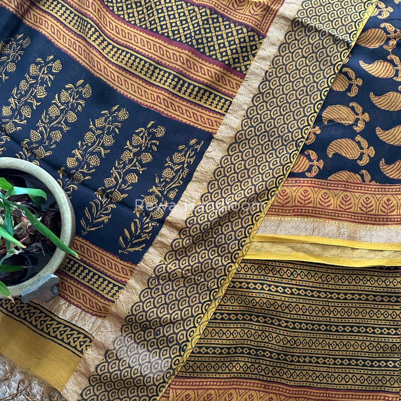 Maheshwari Black- Mustard Yellow Bagh Print Suit BSP0145