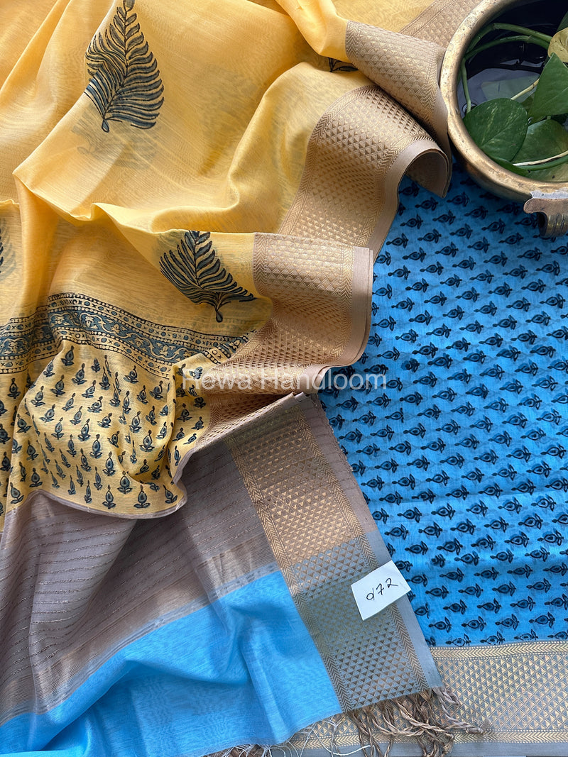 Maheshwari Sky Blue-Yellow Handblock Print Top-Dupatta HBS054