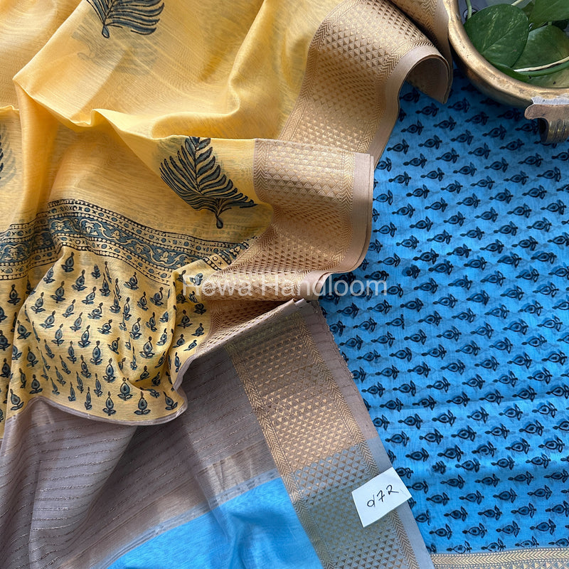 Maheshwari Sky Blue-Yellow Handblock Print Top-Dupatta HBS054
