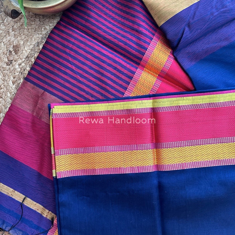 Maheshwari Navy Blue Ganga Jamuna Rewa Border Saree GJD068