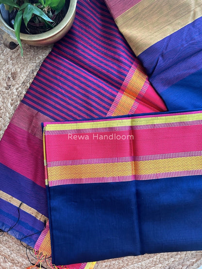 Maheshwari Navy Blue Ganga Jamuna Rewa Border Saree GJD068