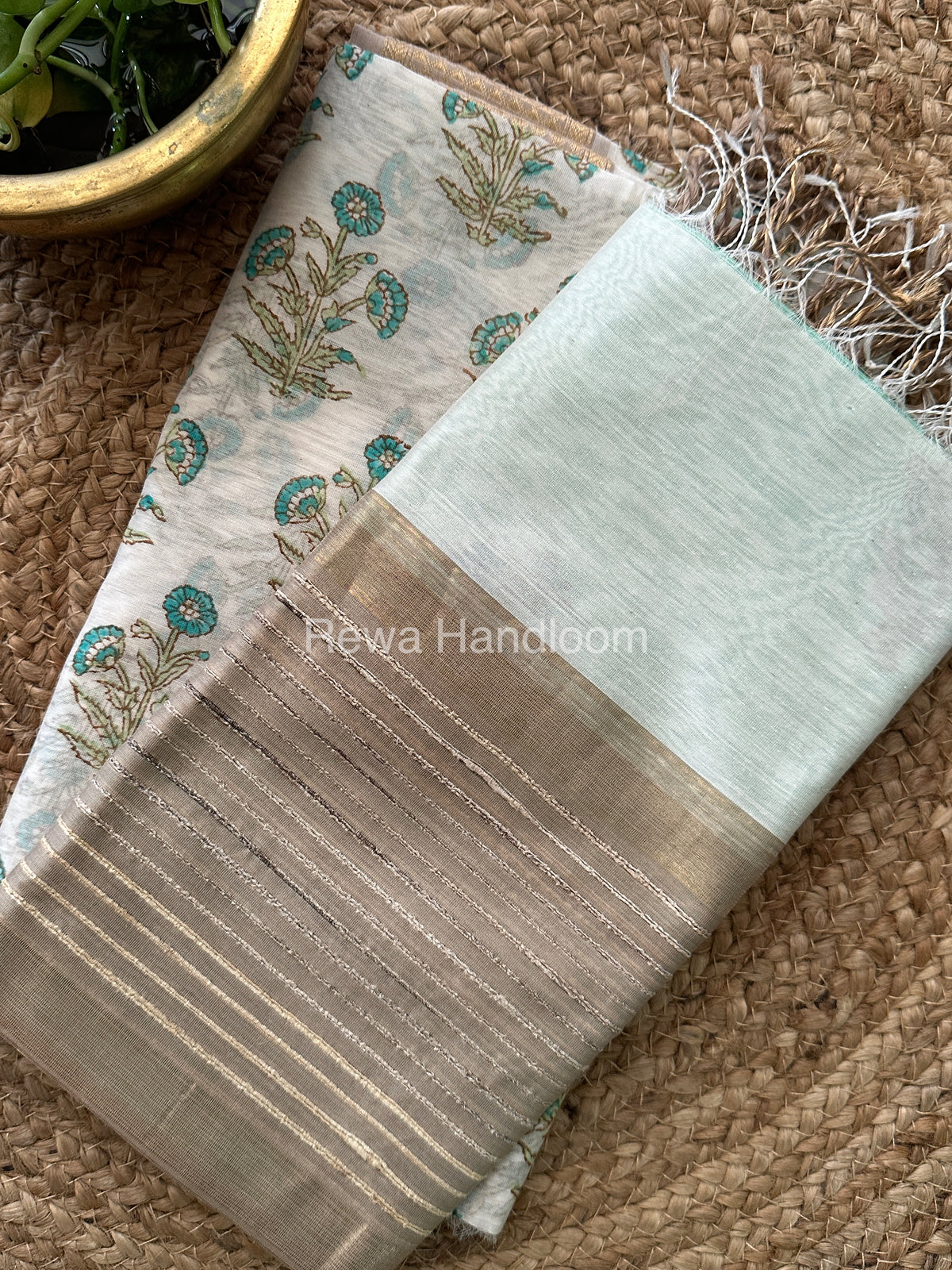 Maheshwari White-Sea Green Handblock Print Top-Dupatta-HBS030