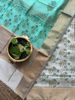 Maheshwari White-Sea Green Handblock Print Top-Dupatta-HBS030