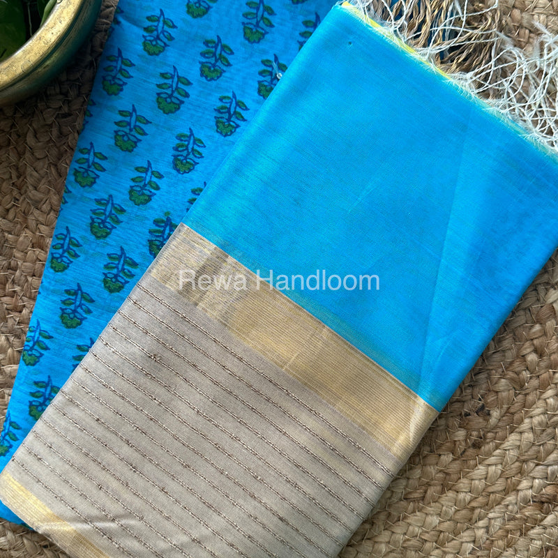 Maheshwari Sky Blue-Yellow Handblock Print Top-Dupatta HBS031