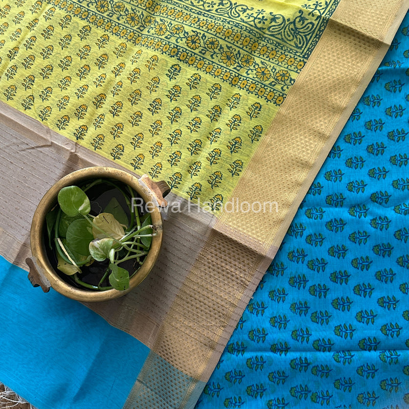 Maheshwari Sky Blue-Yellow Handblock Print Top-Dupatta HBS031