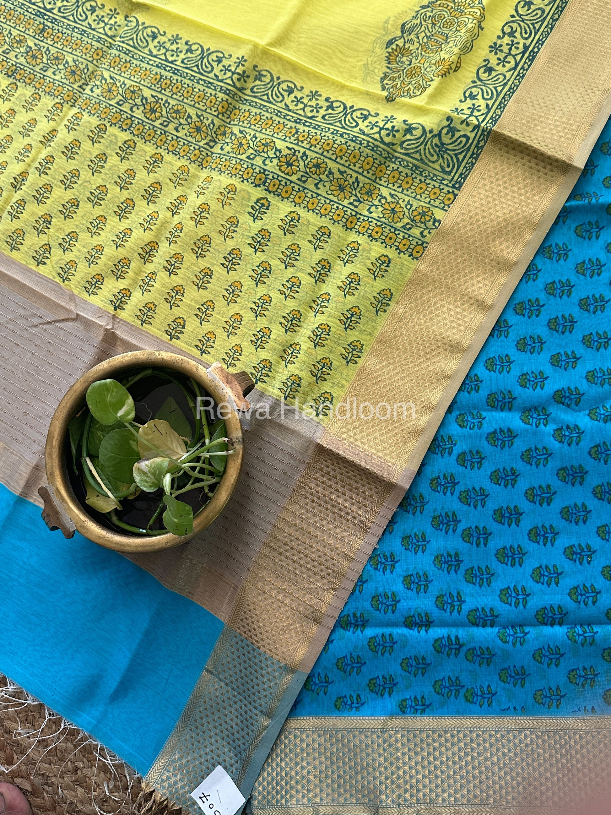Maheshwari Sky Blue-Yellow Handblock Print Top-Dupatta HBS031
