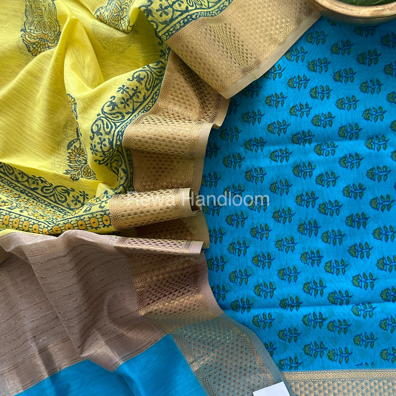 Maheshwari Sky Blue-Yellow Handblock Print Top-Dupatta HBS031
