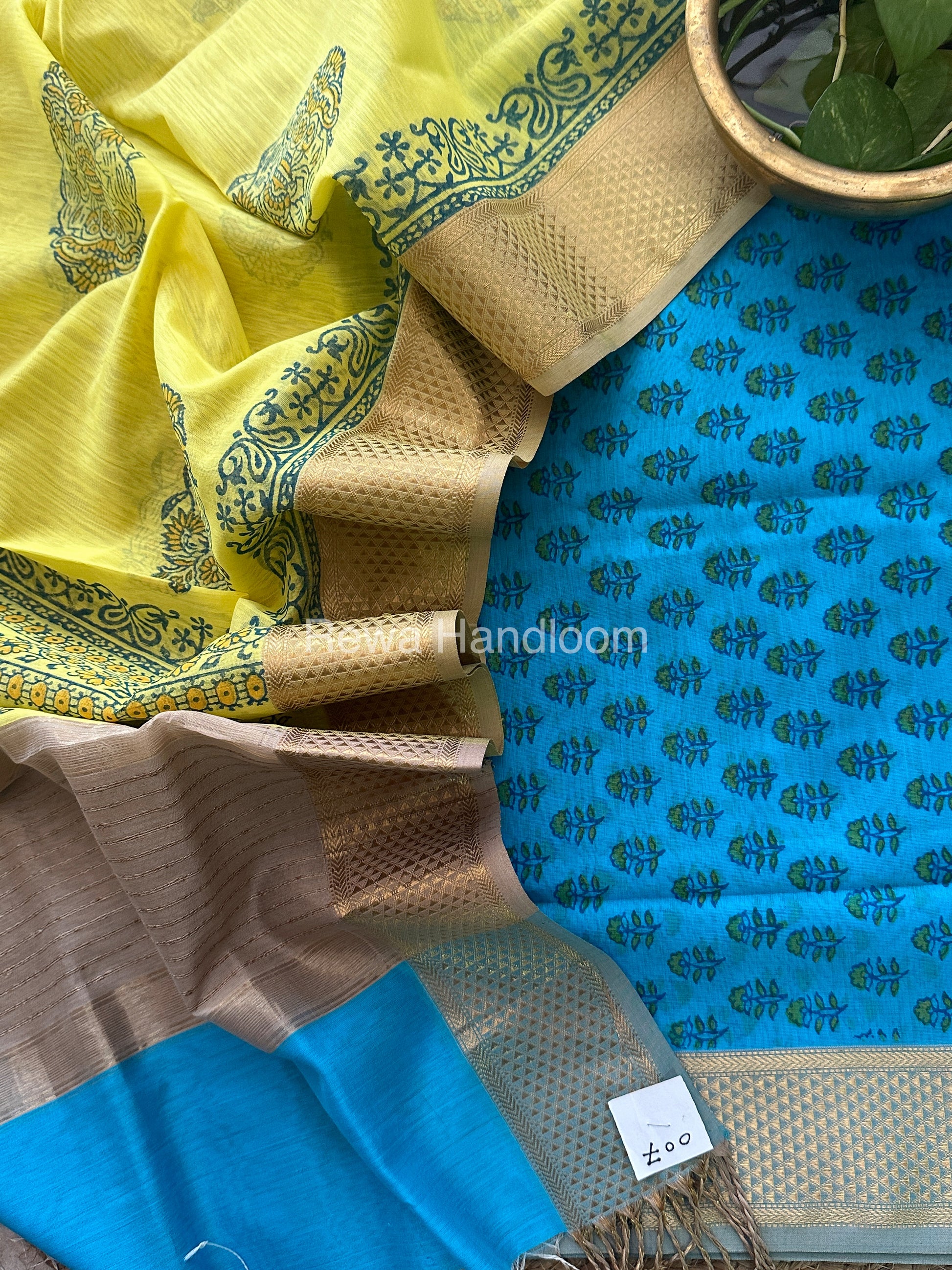 Maheshwari Sky Blue-Yellow Handblock Print Top-Dupatta HBS031