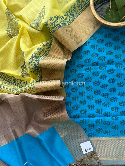 Maheshwari Sky Blue-Yellow Handblock Print Top-Dupatta HBS031