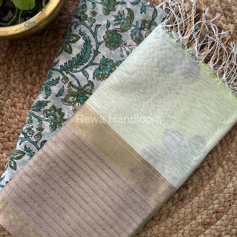 Maheshwari White-Parrot Green Handblock Print Top-Dupatta HBS032