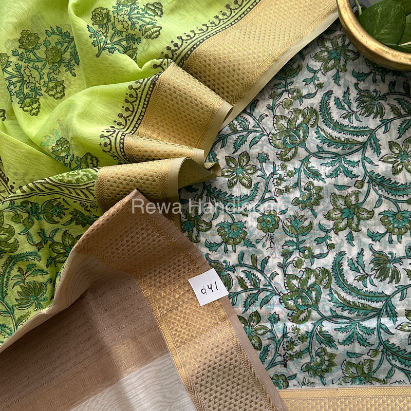 Maheshwari White-Parrot Green Handblock Print Top-Dupatta HBS032