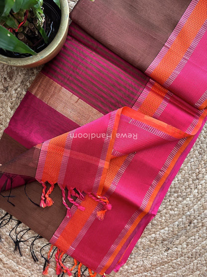 Maheshwari Brown Ganga Jamuna Rewa Border Saree GJD076