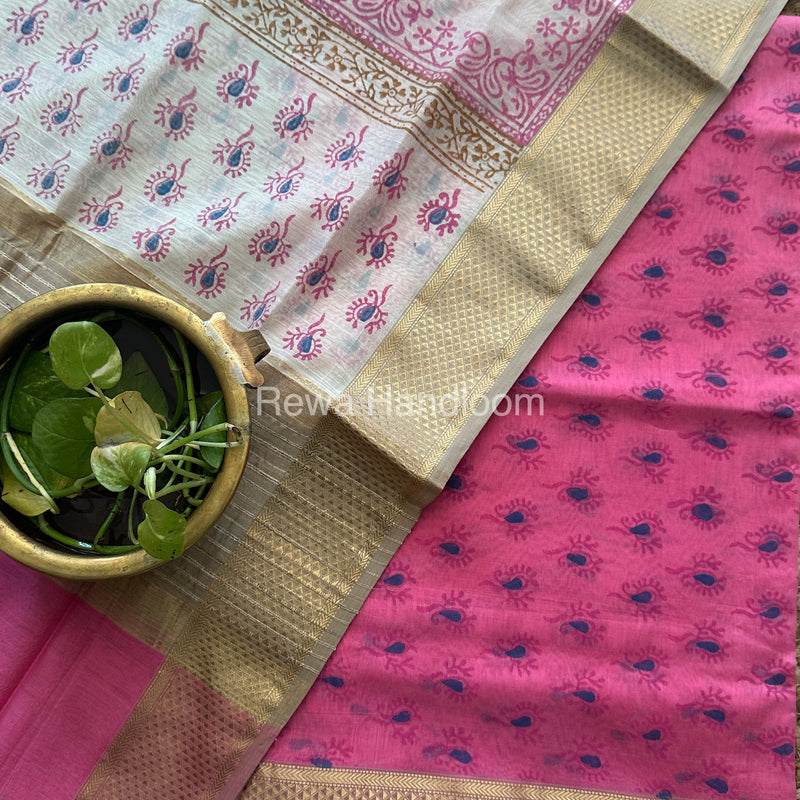 Maheshwari Rani Pink-White Handblock Print Top-Dupatta-HBS036
