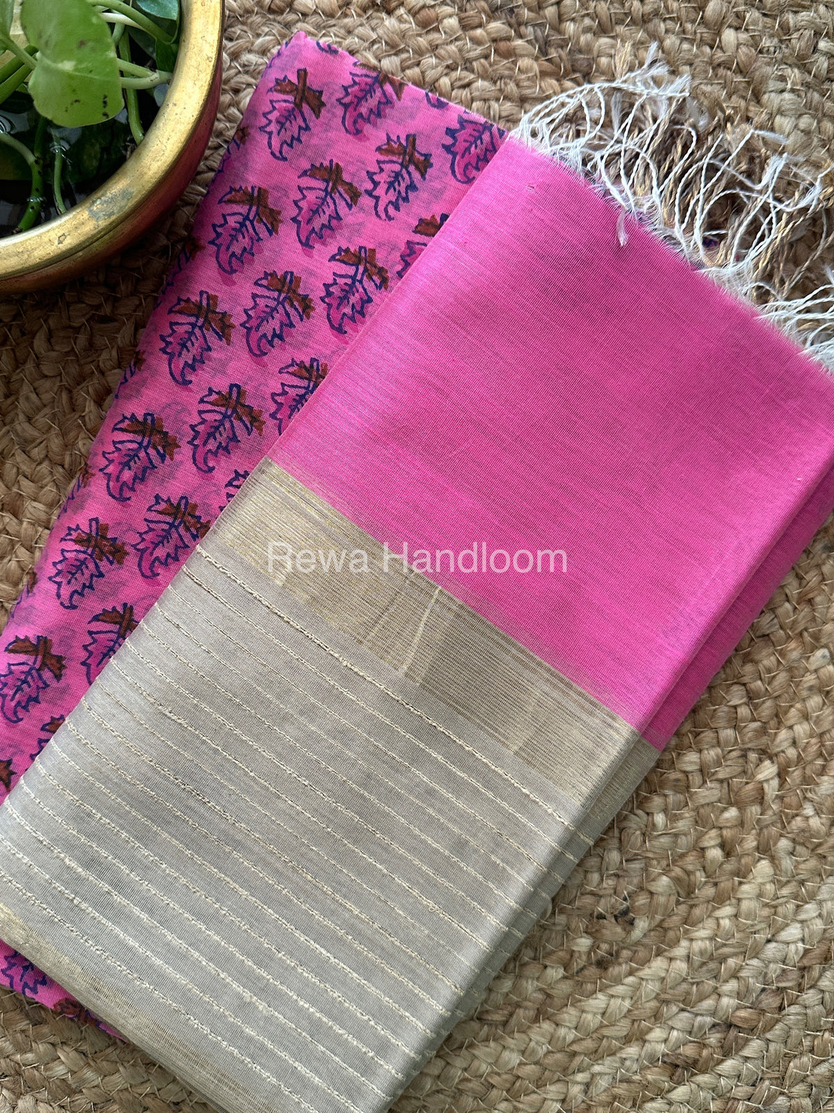 Maheshwari Rani Pink-Tussar Handblock Print Top-Dupatta-HBS037