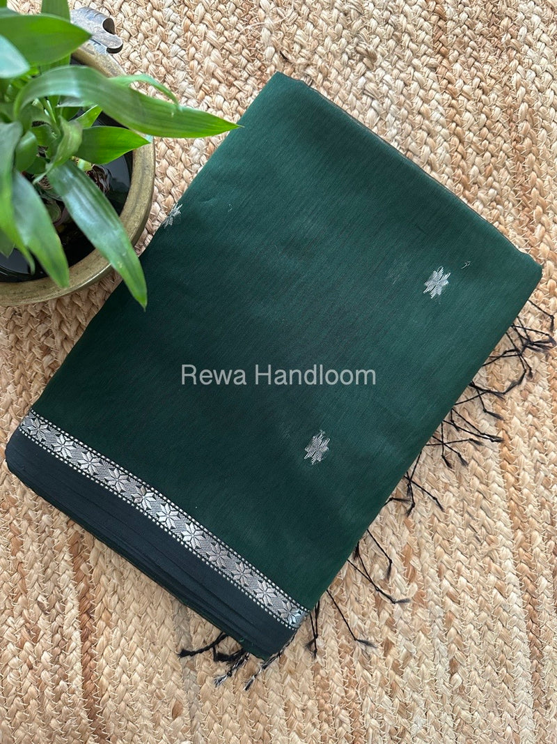 Maheshwari Dark Green Silver Butti Saree BSS03