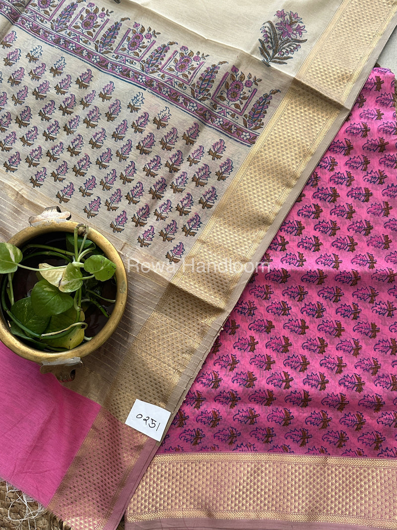 Maheshwari Rani Pink-Tussar Handblock Print Top-Dupatta HBS037