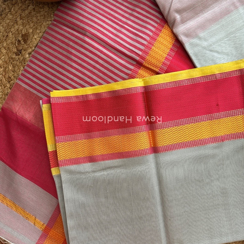 Maheshwari Light Grey Ganga Jamuna Rewa Border Saree GJD072