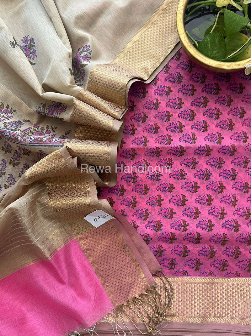 Maheshwari Rani Pink-Tussar Handblock Print Top-Dupatta HBS037