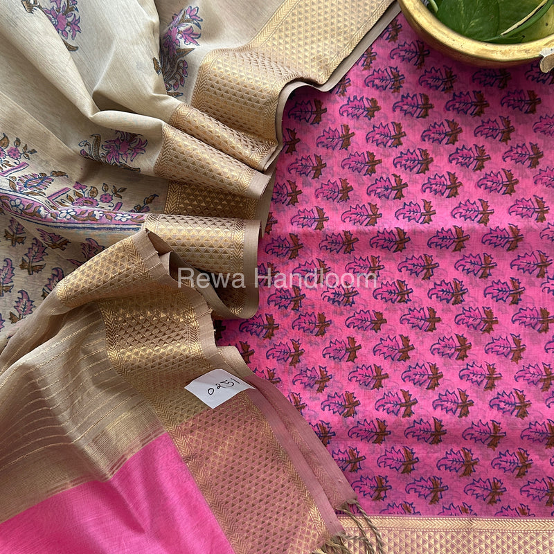 Maheshwari Rani Pink-Tussar Handblock Print Top-Dupatta HBS037