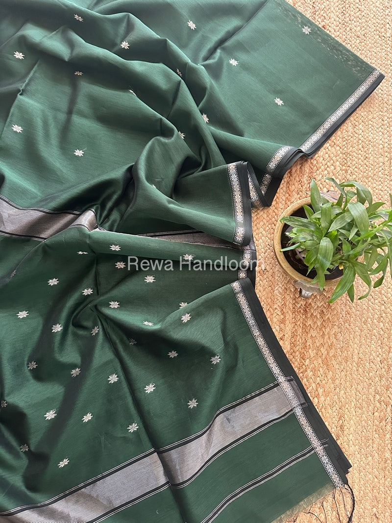 Maheshwari Dark Green Silver Butti Saree BSS03