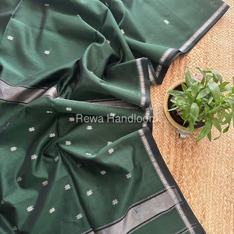 Maheshwari Dark Green Silver Butti Saree BSS03