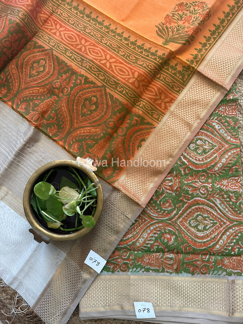 Maheshwari Green-Orange Handblock Print Top-Dupatta-HBS040