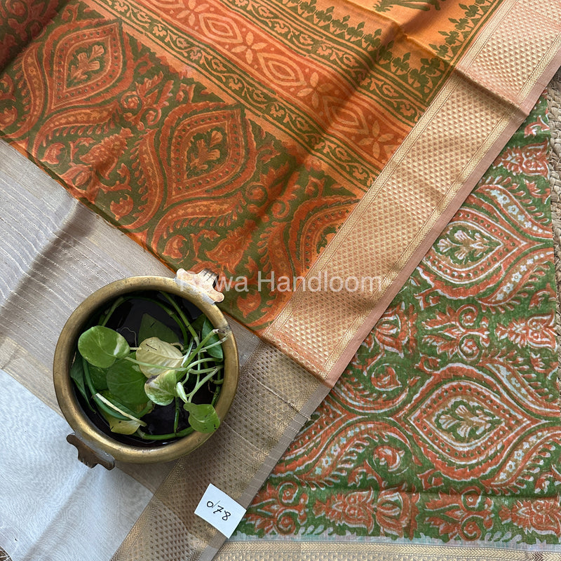 Maheshwari Green-Orange Handblock Print Top-Dupatta-HBS040