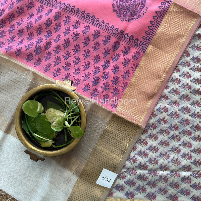 Maheshwari White- Pink Handblock Print Top-Dupatta-HBS042