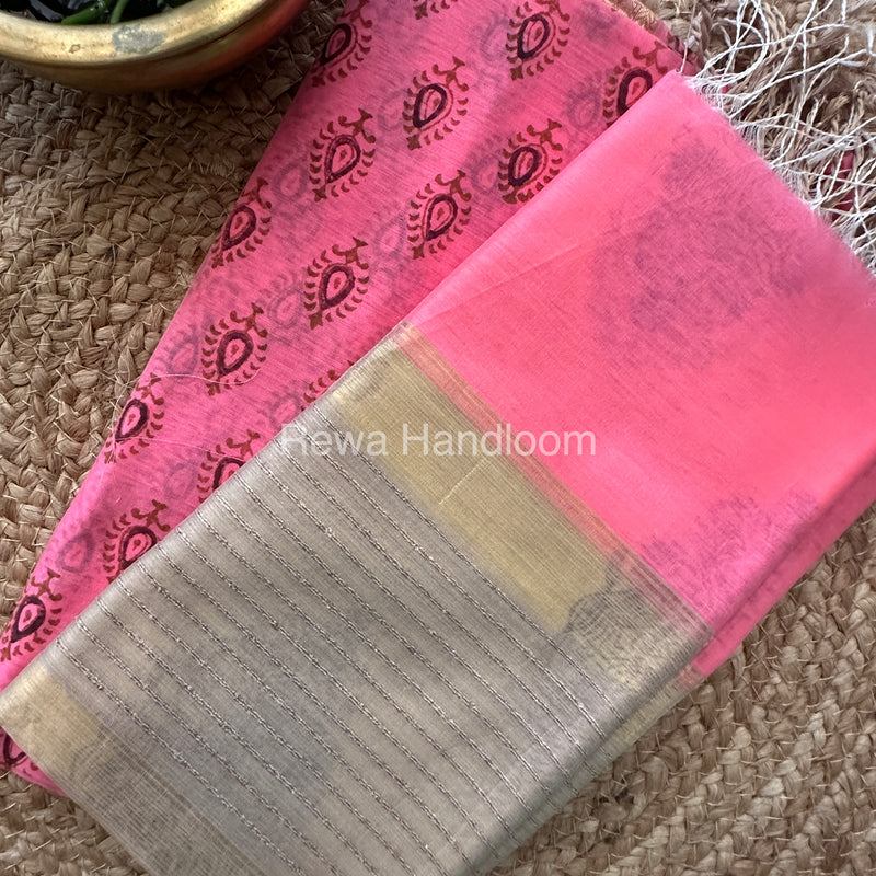 Maheshwari Pink-Yellow Handblock Print Top-Dupatta HBS043