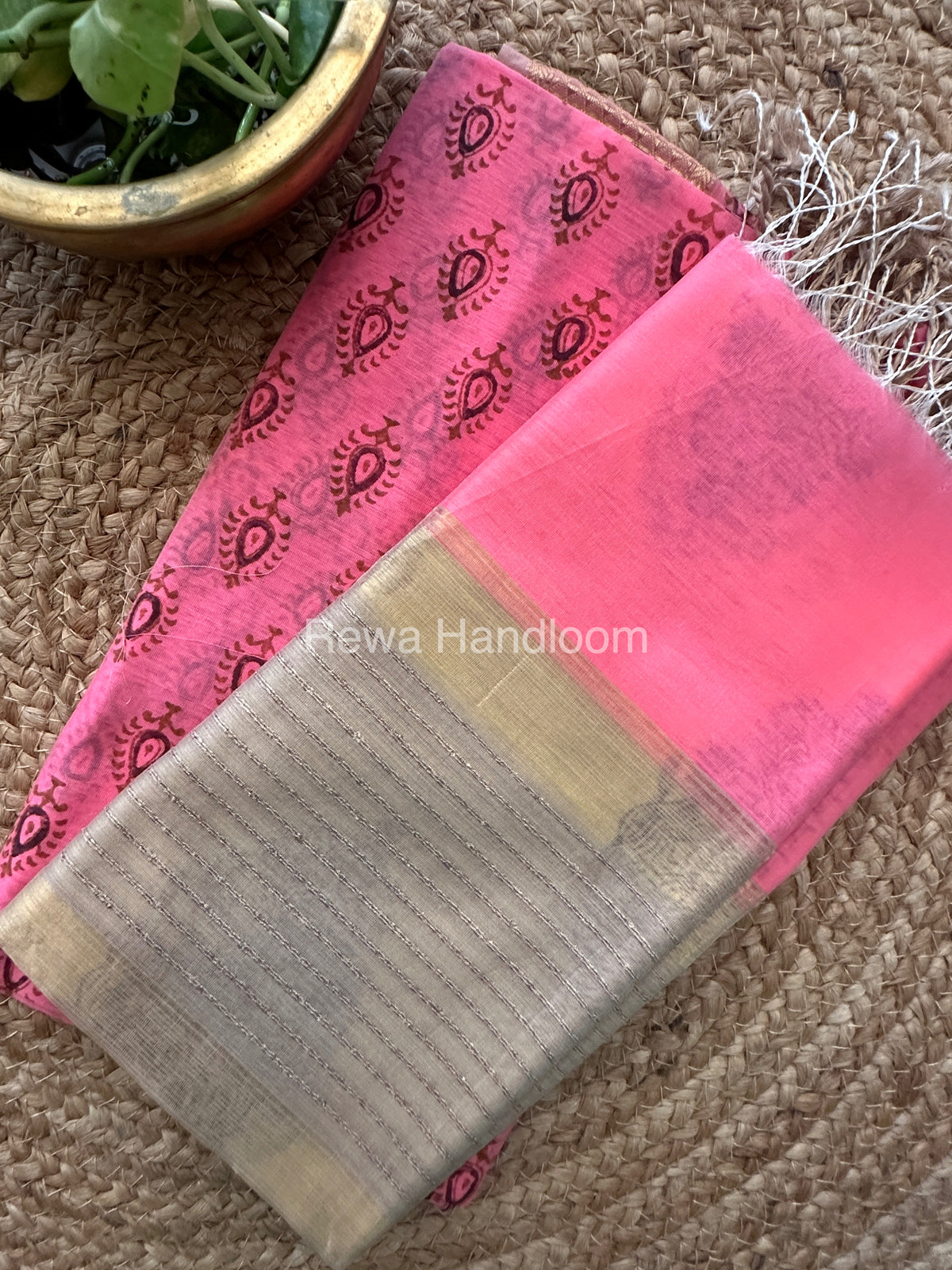 Maheshwari Pink-Yellow Handblock Print Top-Dupatta-HBS043