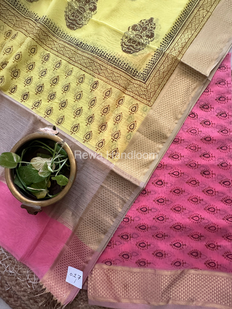 Maheshwari Pink-Yellow Handblock Print Top-Dupatta HBS043
