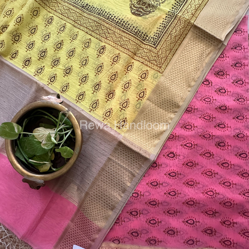 Maheshwari Pink-Yellow Handblock Print Top-Dupatta HBS043
